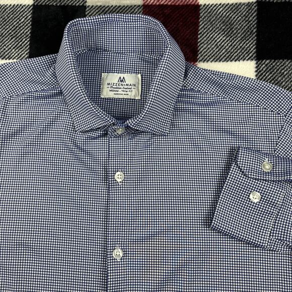 Mizzen Main Shirt Mens M Blue Gingham Plaid‎ Standard Fit Spinnaker Stretch USA - Picture 1 of 8
